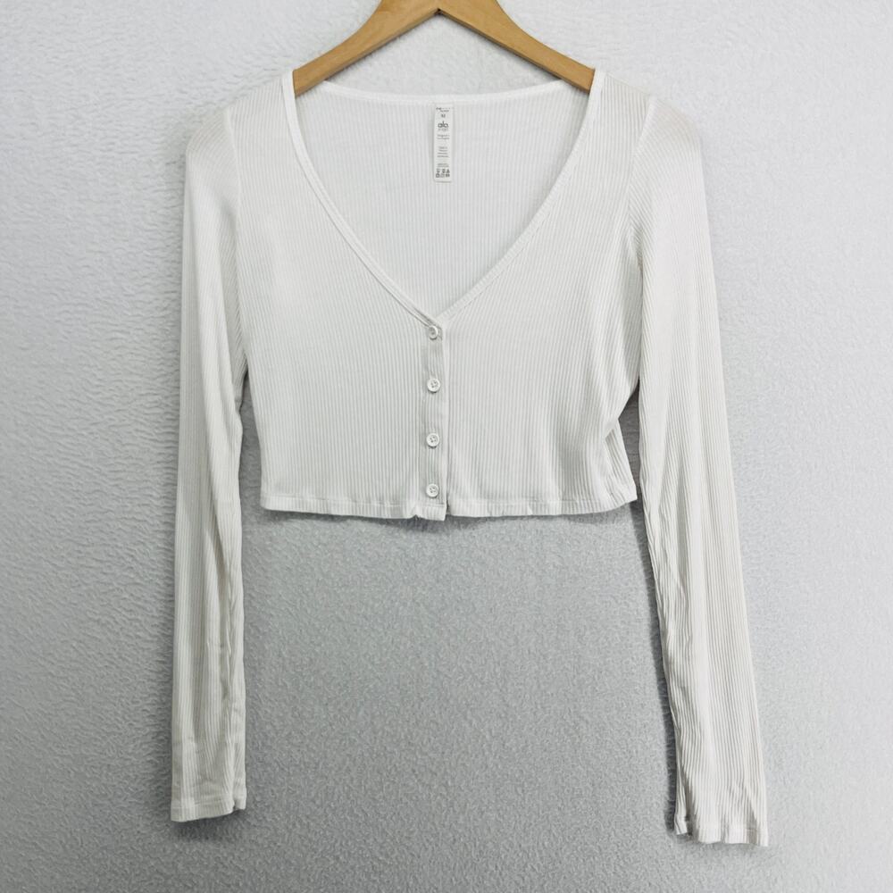 ALO YOGA Top Women M Ribbed Cropped Whisper Cardigan Button Up Long Sleeve White